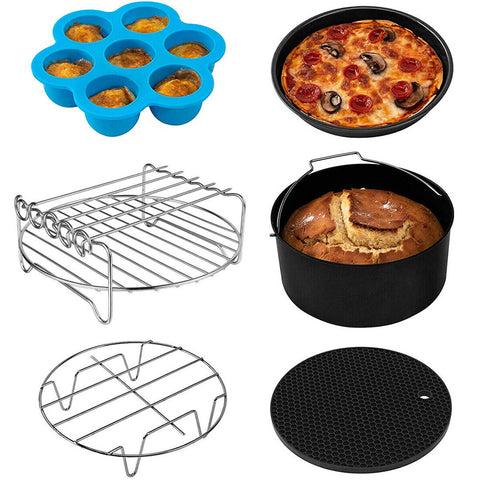 6Pcs  8inch  Round Air Fryer Accessories Baking Tray Basket Rack Chip Pizza Pan - FREE SHIPPING