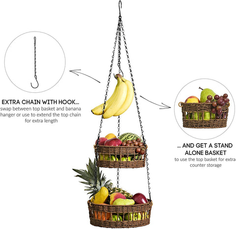 3 Tier Hanging Fruit Basket Wicker Vegetable Storage And Fruit Organizer With Banana Holder - FREE SHIPPING